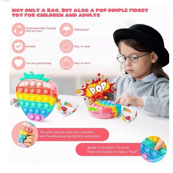 Silicone Rainbow Strawberry Fruit Popper Pop It Fidget Crossbody Bag Purse - Picture 5 of 15